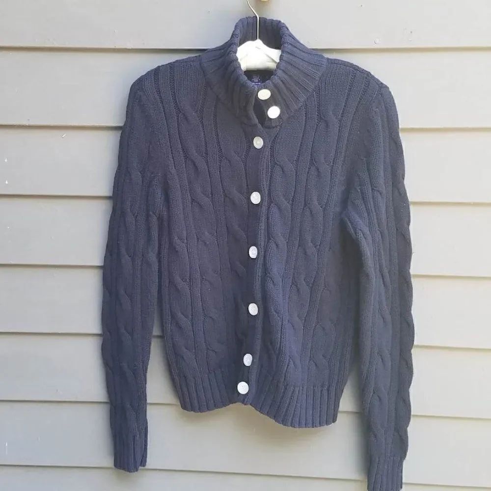 Chaps Navy Chunky Cable Knit Cardigan Sweater with White Buttons Size Large